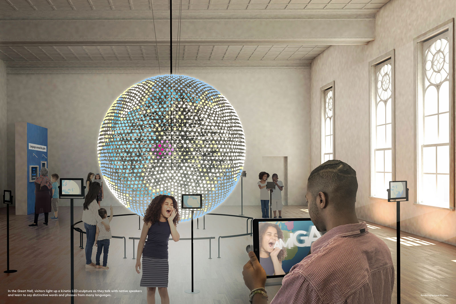  The 12-foot LED globe serves as a centerpiece for The Spoken World. 