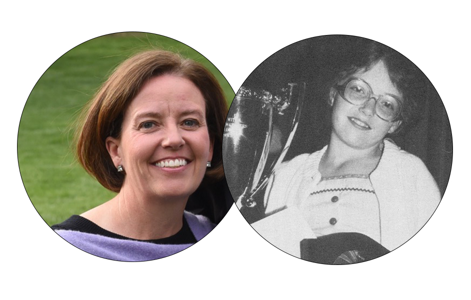  Left: Molly Dieveney Baker in 2018. Right: Molly in 1982 with her National Spelling Bee trophy. 