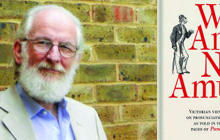 David Crystal side by side with the cover of his book