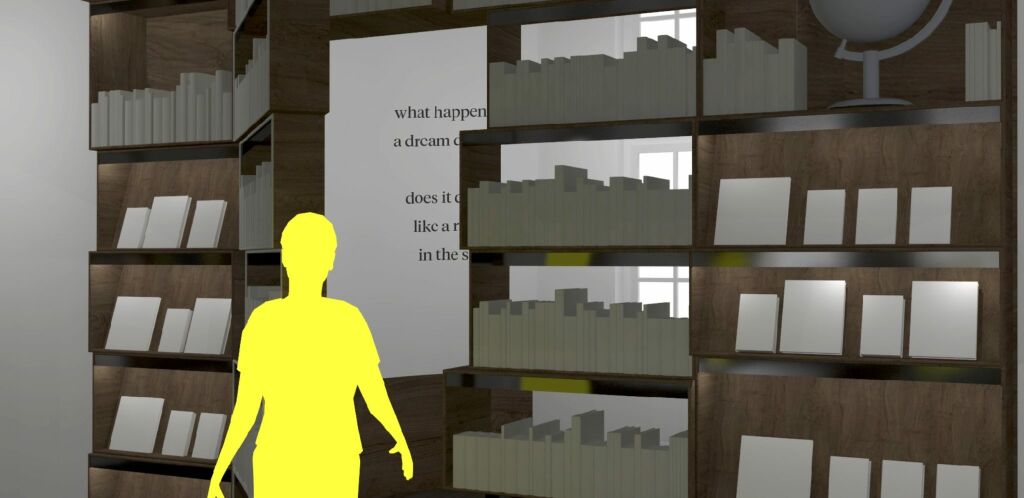 Graphic of boy exiting Poetry Gallery hidden in secret bookcase