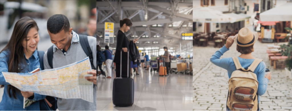 Three sets of people traveling through an airport