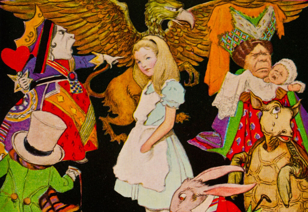 Alice in Wonderland surrounded by characters from the story, like the Red Queen, the Gryphon, the Mad Hatter, and the White Rabbit