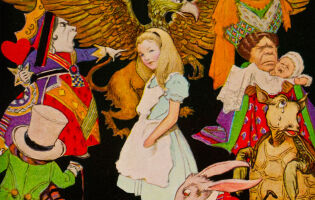 Alice in Wonderland surrounded by characters from the story, like the Red Queen, the Gryphon, the Mad Hatter, and the White Rabbit