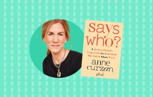 Anne Curzan with the cover of her book, Says Who?