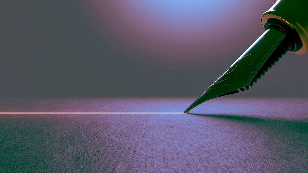 A fountain pen drawing a neon white line across dark paper